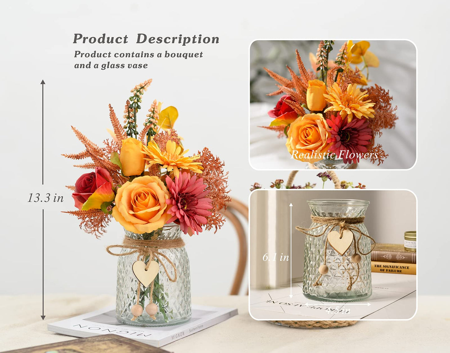 COZZI CODI Artificial Flowers with Vase, Faux Silk Flowers Arrangement in Vase, Rustic Home Office Decorations, Farmhouse Dining Table Decor, Coffee Table Centerpiece, Fall Table Plant Decor