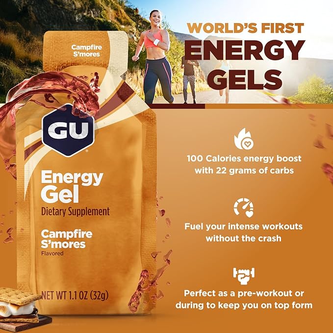 GU Energy Original Sports Nutrition Energy Gel, Vegan, Gluten-Free, Kosher, and Dairy-Free On-the-Go Energy for Any Workout, 24-Count, Campfire S'Mores