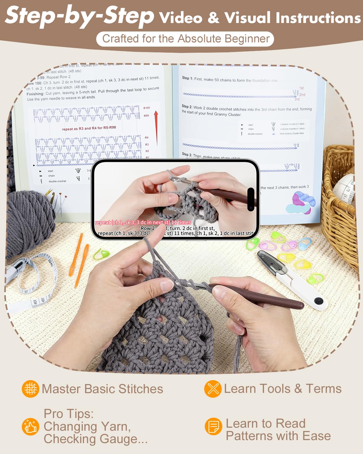 Arborthread Crochet Kit for Beginners, Easy All-Season Pocket Shawl & Scarf Crochet Kit for Adults w/Ample Premium Yarn to Fit Different Sizes, Step-by-Step Video & Instructions, Grey