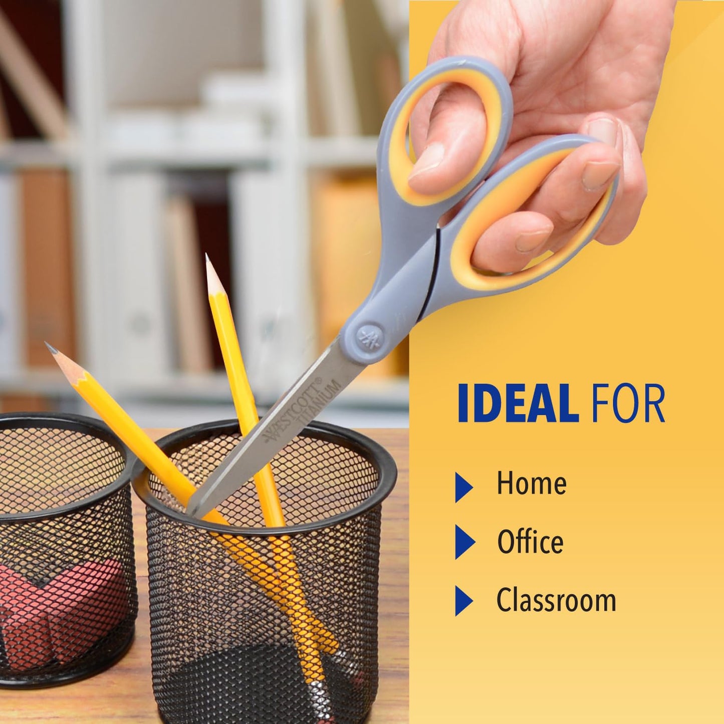 Westcott 8-Inch Titanium Bonded Scissors for Home, Office, and Classroom - Perfect for Cutting Paper, Sewing, and Crafts - Heavy-Duty Design with Soft Handle - Gray/Yellow - 4-Pack