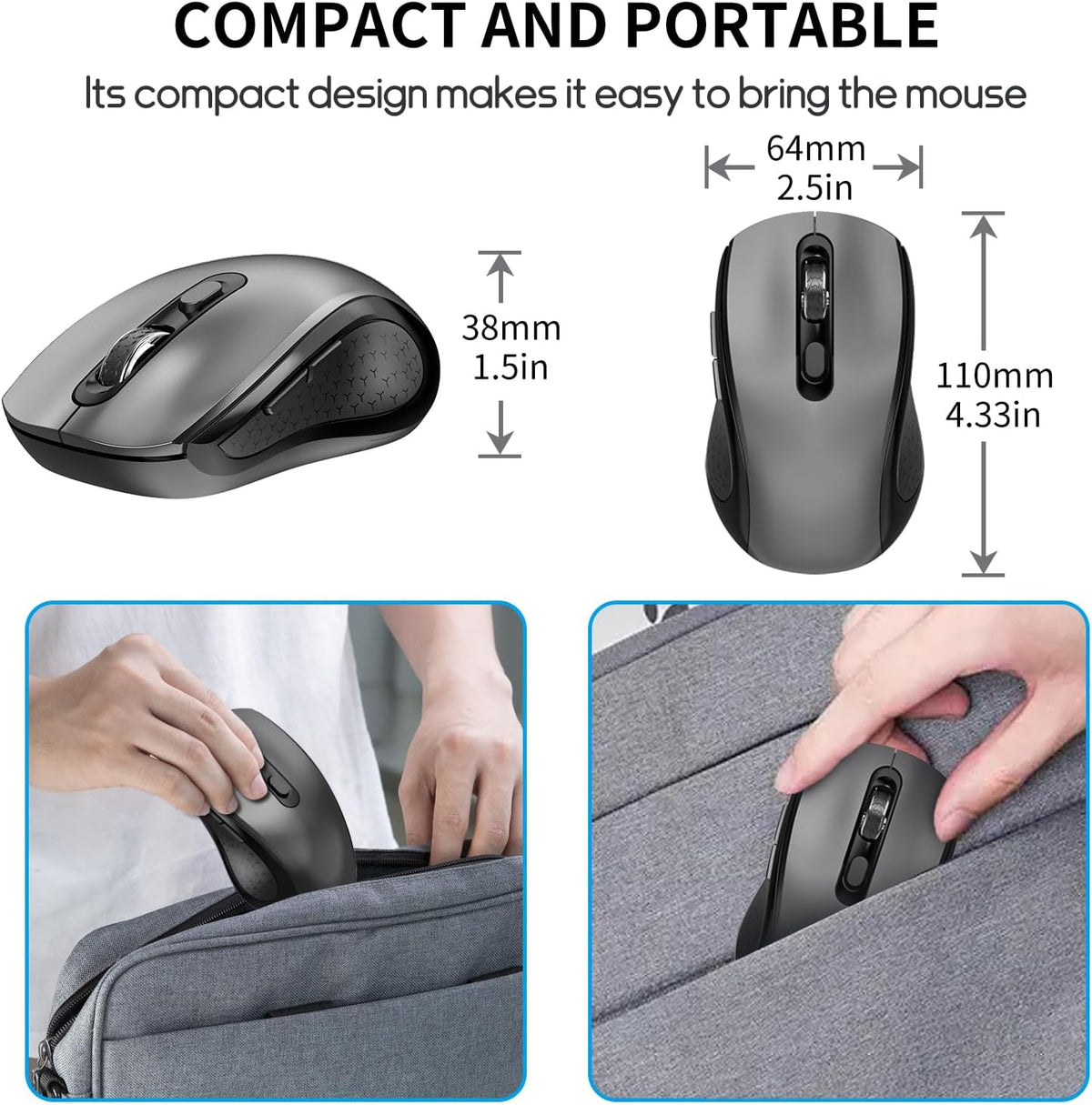 Wireless Mouse with Side Buttons, 2400 DPI, Anti Slip Scroll Wheel, Suitable for Laptops, PCs, Chromebook, Mac, MacBook, Mouse With USB Nano Receiver, 6-Button Wireless Computer Mouse - Gray
