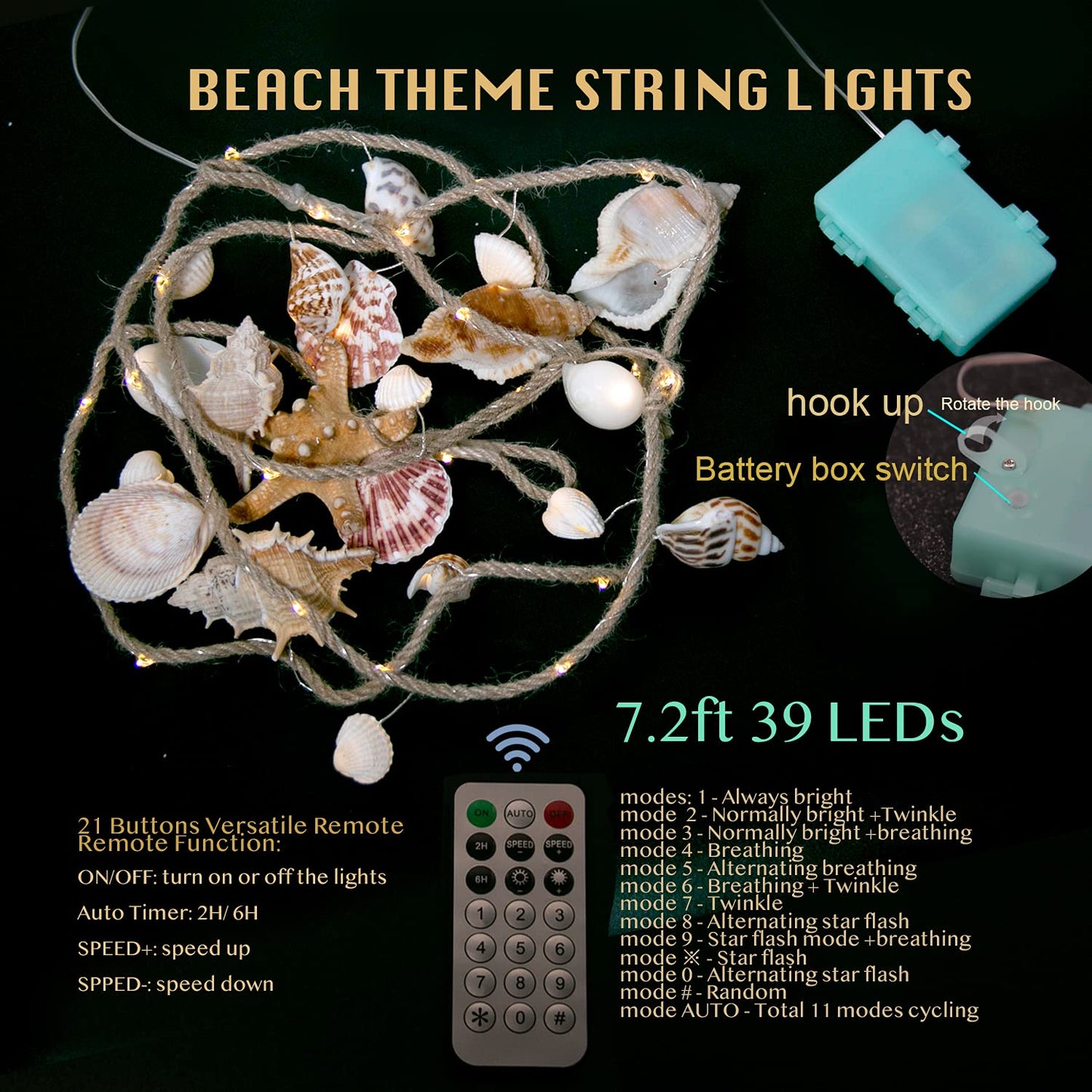 MIYA LIFE Seashell Garland Ocean Light for Beach Decor 7.2FT 39LED Battery Operated Coastal Garland Magic Conch Shell Beach Decorations for Home Coconut Girl Room Decor
