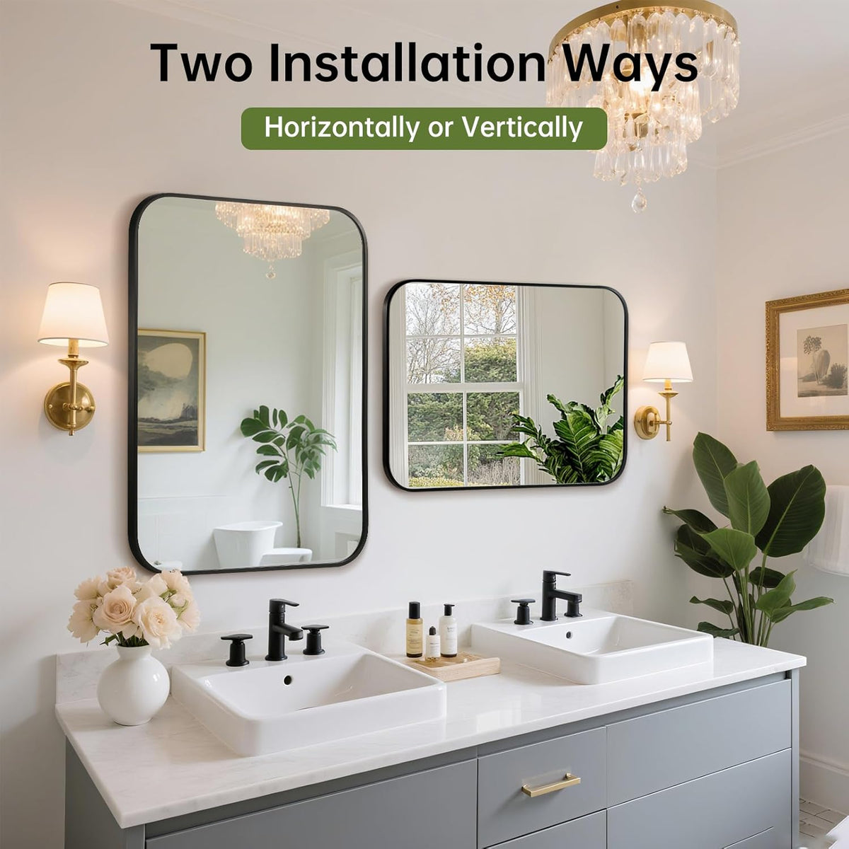 FARMER 24x36 Inch Black Bathroom Mirror, Rectangle Vanity Mirror, Brushed Mirrors for Wall, Metal Frame Hanging Mirror with Round Corner for Bedrooms, Entryways, Living Rooms, Horizontal/Vertical