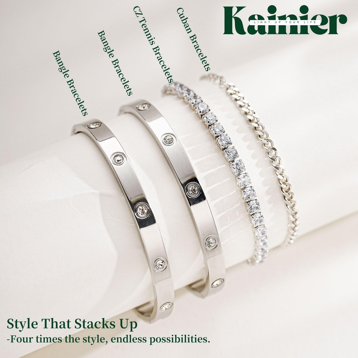 Kainier Gold Bracelets Sets for Women 4pcs Love Bangle Bracelet Cubic Zirconia Tennis Cuban Chain Stacking Gift for Love Gold/Silver (Silver)