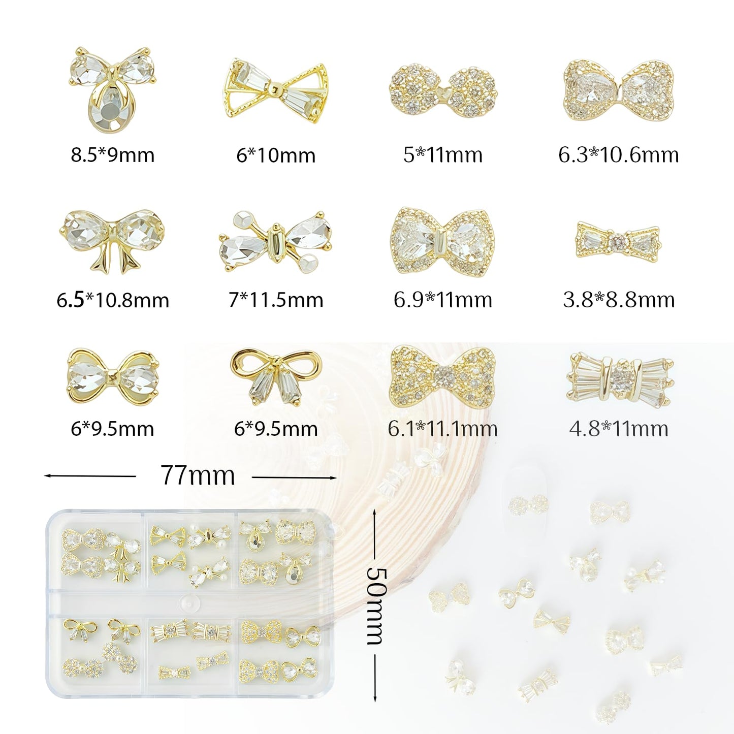 Pizadix 24 Pcs 3D Luxury Gold Nail Charms and Gems with Bows for Nail Art Decoration