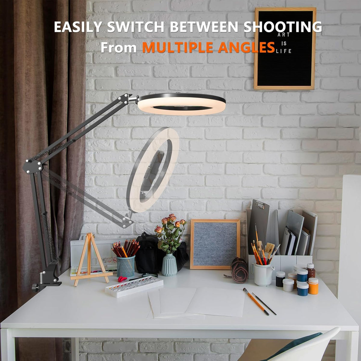 Overhead Phone Mount with Ring Light, 10’’ LED Selfie Light for Desk,with Stand and Phone Holder for iPhone and Camera,Overhead Tripod for Video Recording, Live Streaming, Zoom Meeting