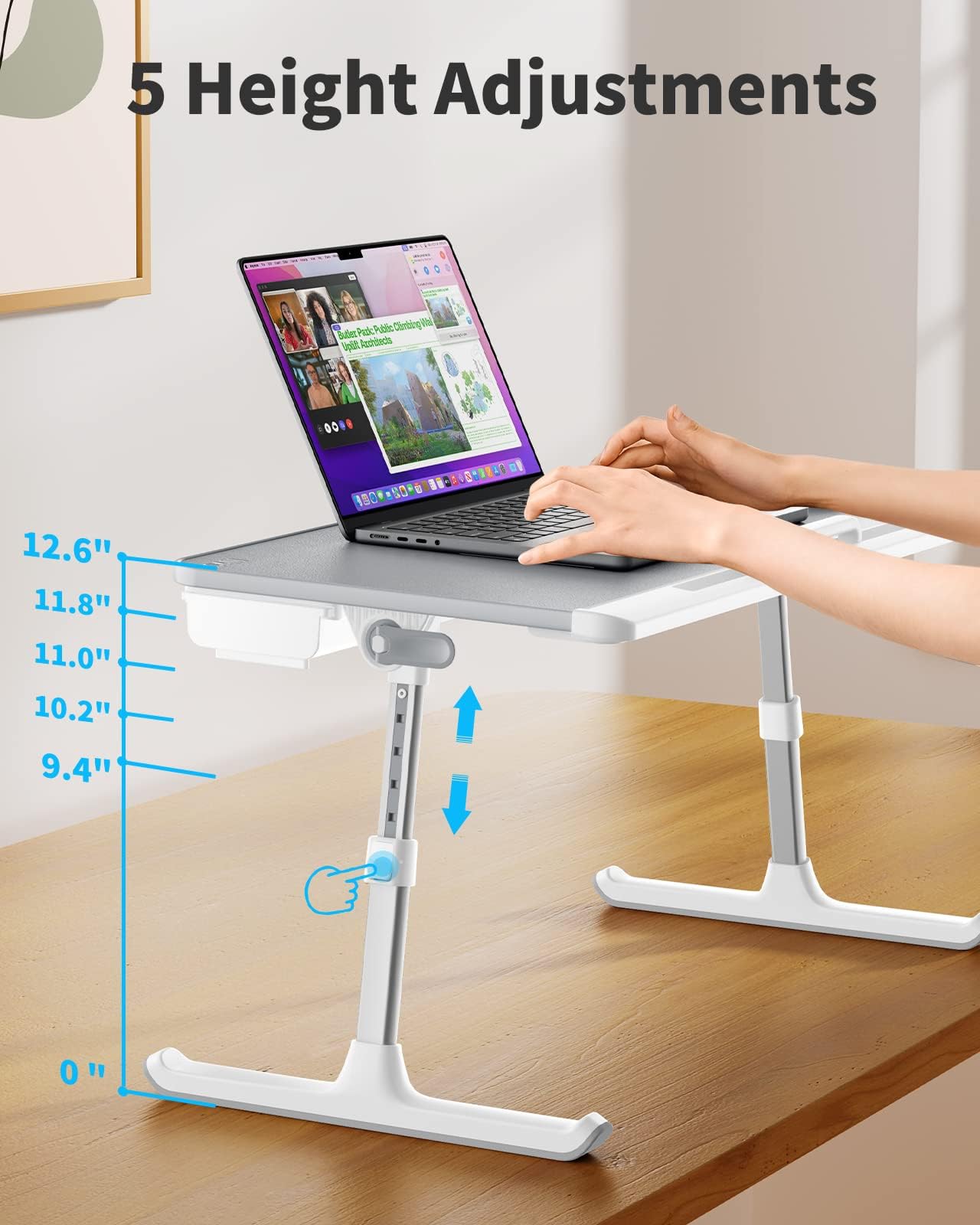SAIJI Laptop Bed Tray Table - 23.6" x 13" Adjustable Portable Standing Desk with Storage Drawer, Foldable Lap Desk Fits 17" Laptop, PVC Leather for Couch Sofa (Gray)