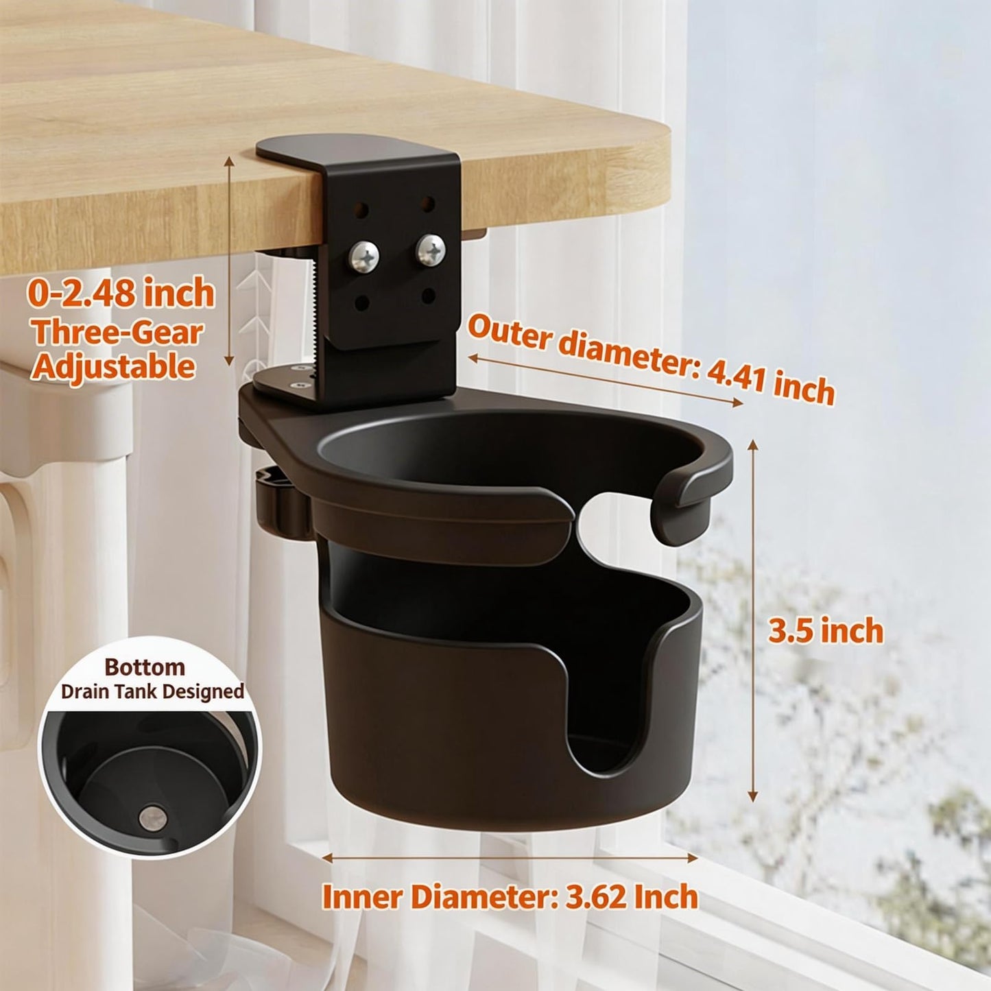 XULIONTS No Drill Desk Cup Holder Clamp, 360° Rotating Anti-Spill Table Cup Holder, Adjustable Clip on Cup Holder for Gaming Desk, Gamer Gift, Drink Holder for Coffee Cup, Office Accessories (Sleek)