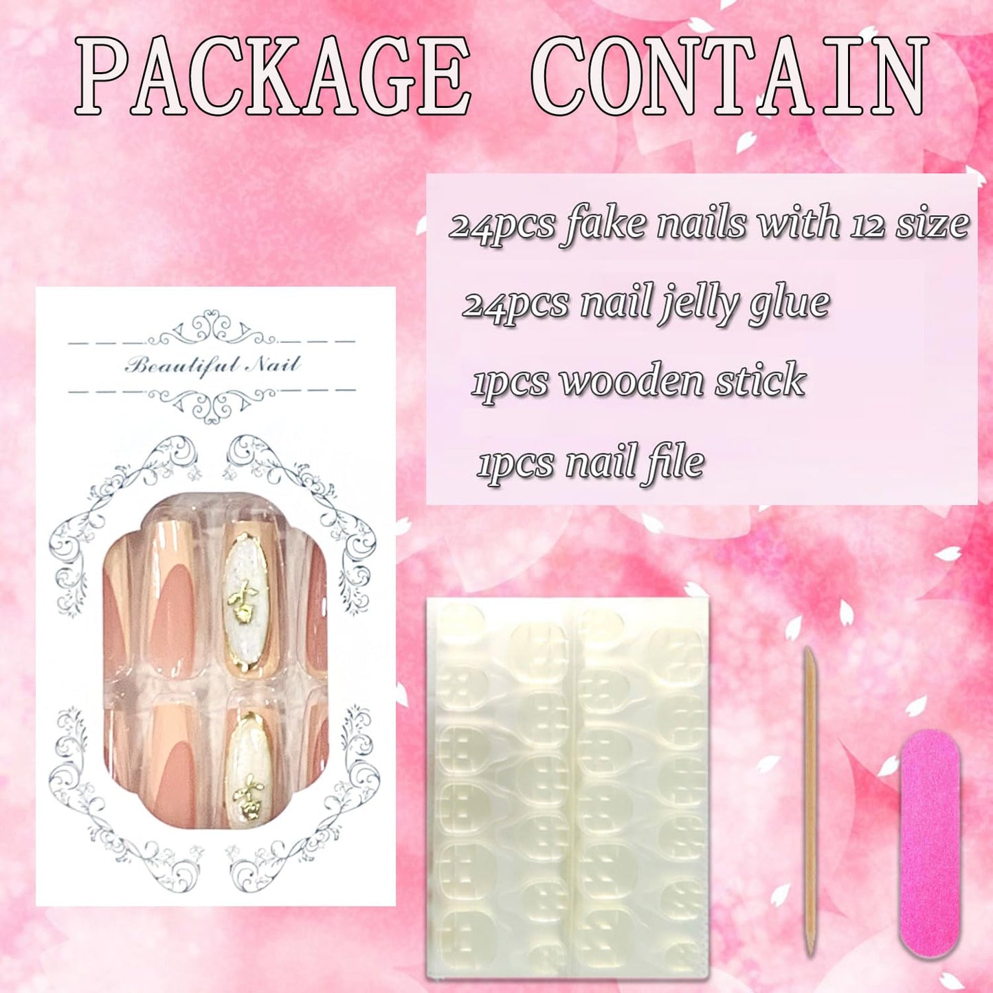FIEONCIY Press on Nails Long Coffin Shaped Acrylic Glossy Full Cover Long Square French False Nails with Designs Artificial Extra Long Fake Nails with Charms Glue ons Fingernails for Women(XD9020)