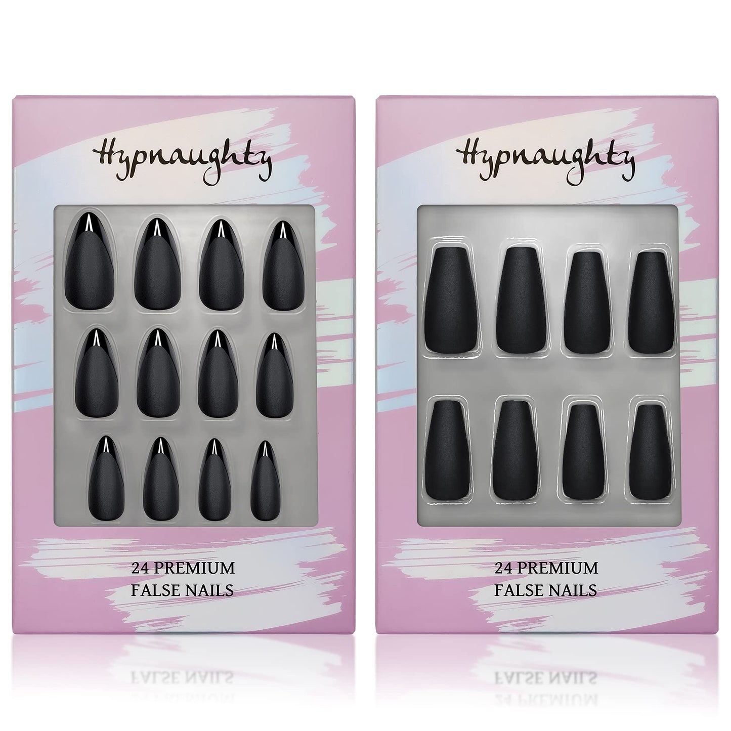 Hypnaughty Press On Nails - Caviar Black Almond & Noir Matte Black Coffin, Trendy & Salon Quality Reusable Nails With Kit