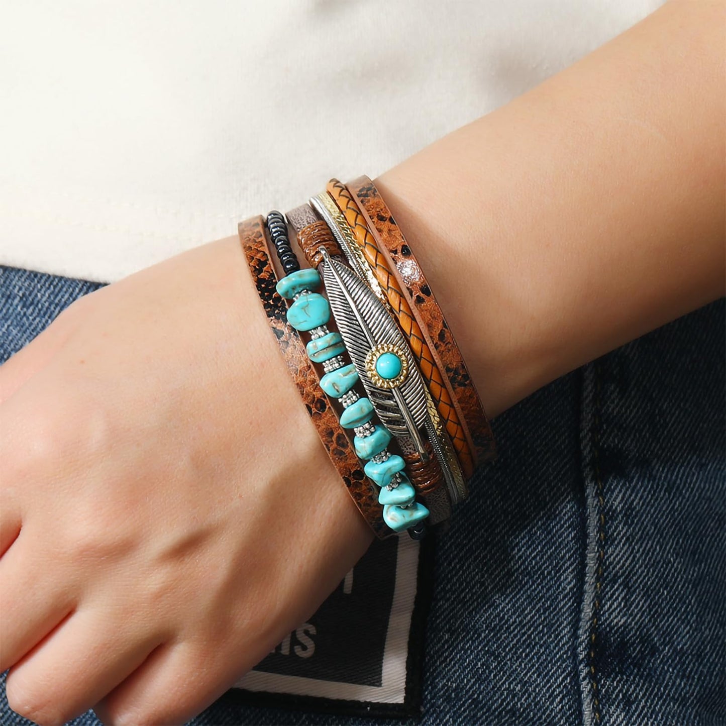 Leopard Bracelet for Women, Boho Leather Wrap Multi-Layer Pearl Crystal Bracelet Bangle Jewelry (Feather(Brown))