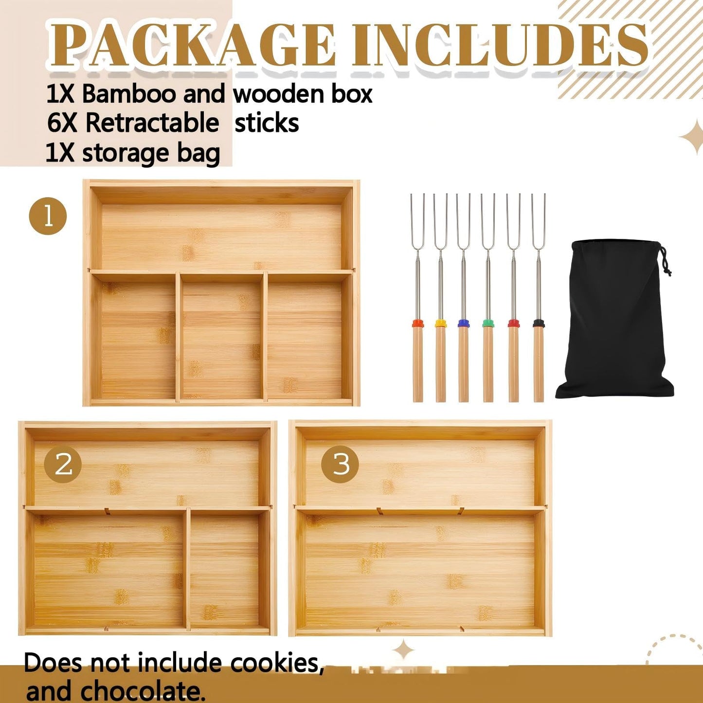 LemonRoad 13.4 x 11.2 x 3.5 Inch Smores Kits, Bamboo S'Mores Kit Box with Lid, 6 Extendable Roasting Sticks & Carry Bag, Portable Camping Cookware Set for Outdoor Picnic Backyard Party Family Fun