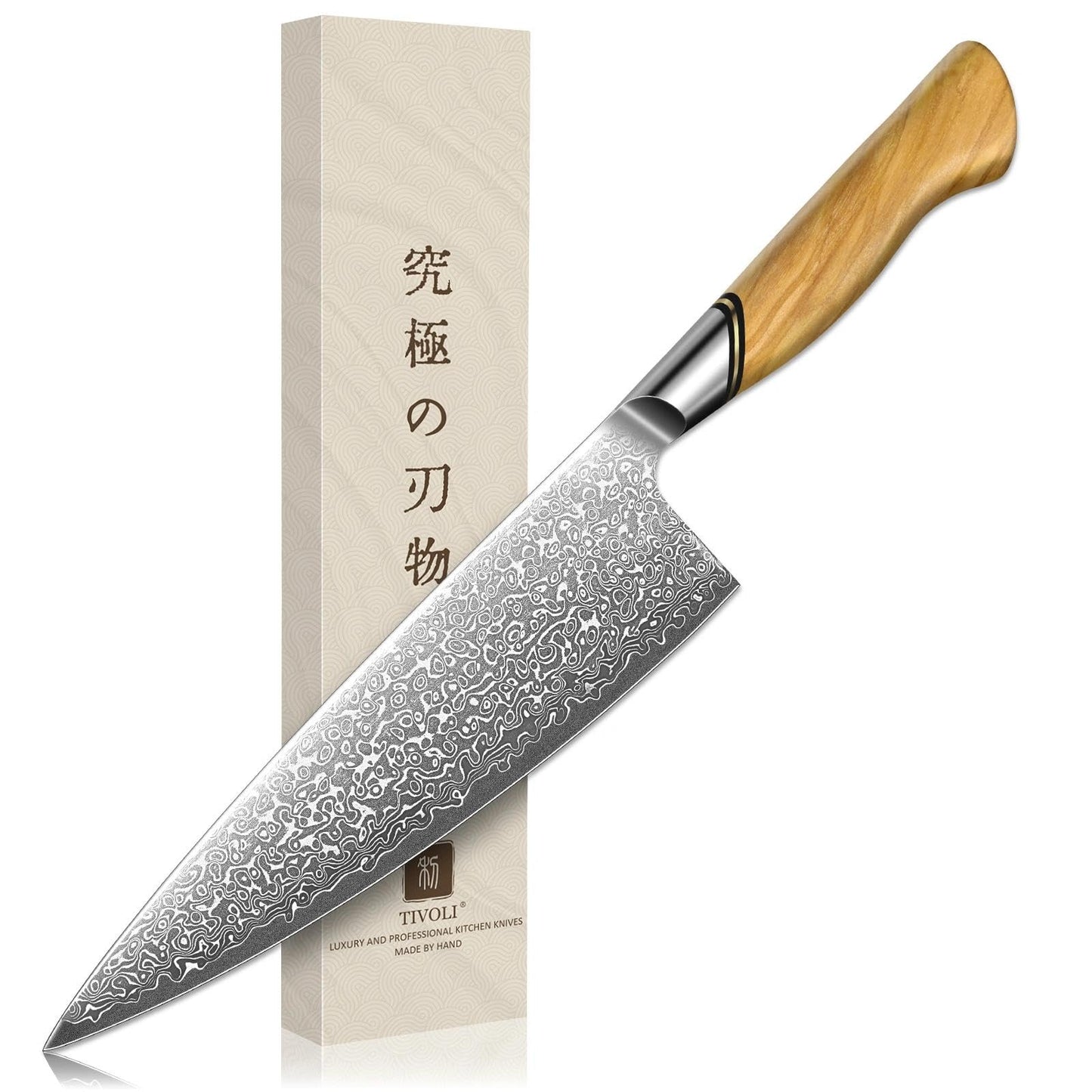 TIVOLI Damascus Chef Knife – Japanese VG-10 Professional Kitchen Knife for Meat and Vegetables with Ergonomic Olive Wood Handle, Gift Box Included, Ideal Gift for Dad & Mom