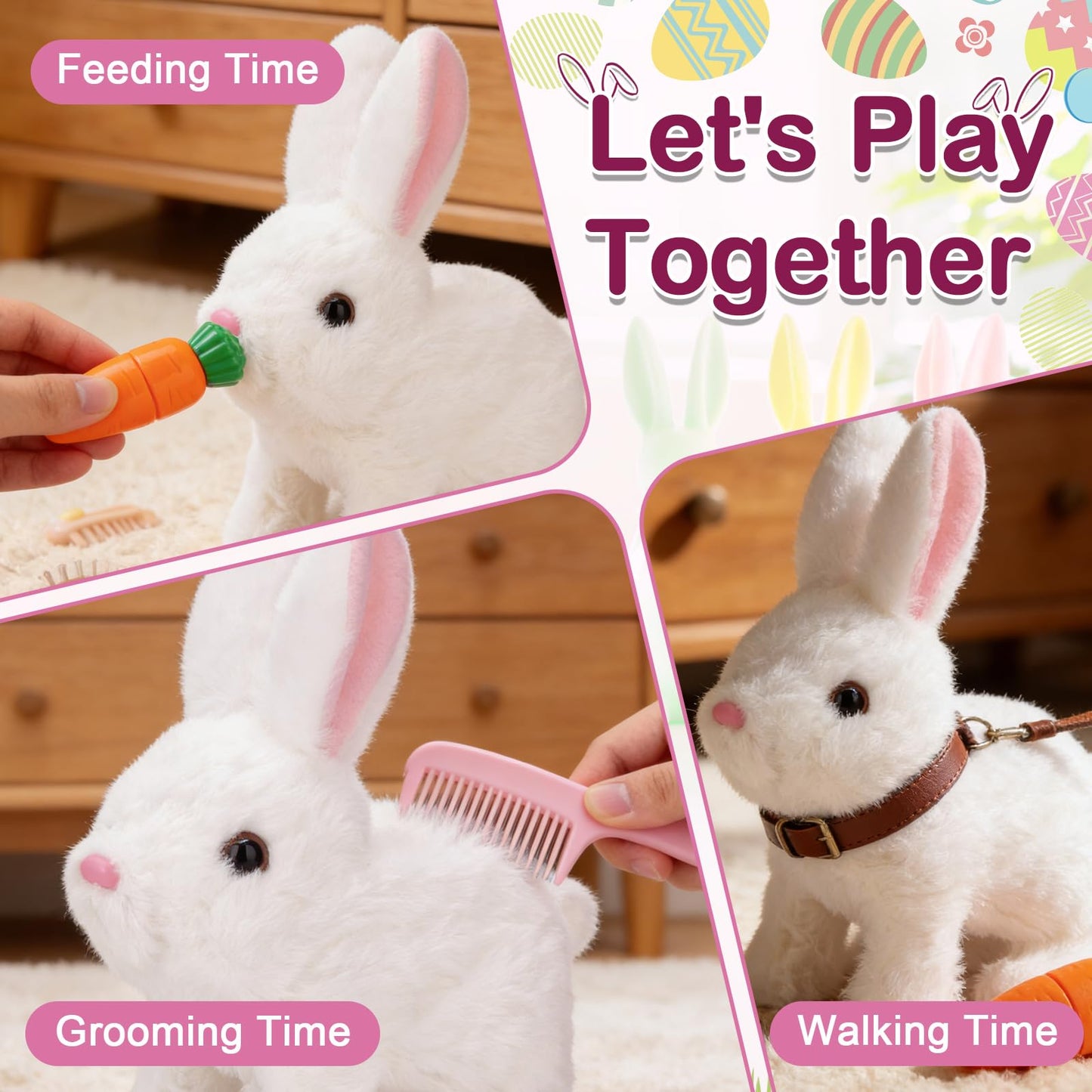 Realistic Bunny Toy, Easter Educational Interactive Bunny Toy, Plush Bunny Hopping Rabbit with Sounds and Movements, Twitching Mouth and Nose, and Wiggling Ears (White)