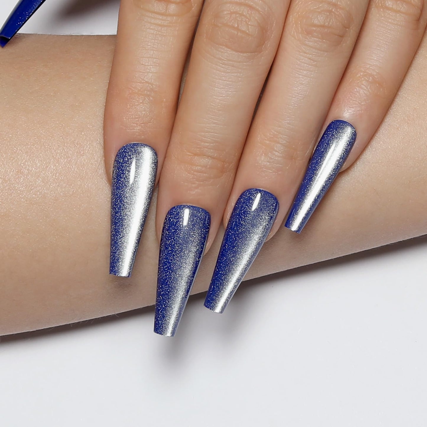Handmade Press on Nails - Sea Blue Long Fake Nails | Velvet Effect Design False Nails | Glossy,Glitter,Gradient Color,Reusable Acrylic Nails | 12 Sizes - 24 Nail Kit with Jelly Glue