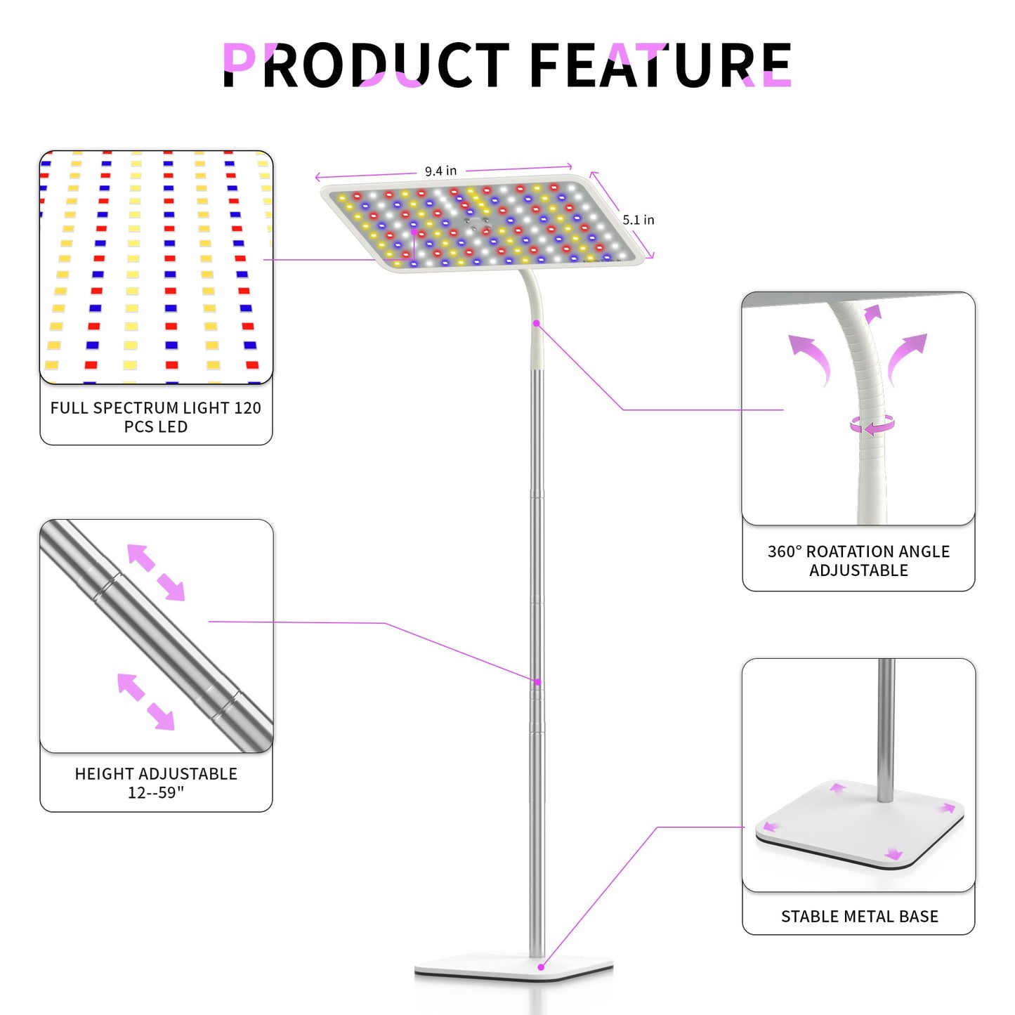 BESTVA 18W Grow Lights for Indoor Plants with Stand, Full Spectrum LED Plant Light for Indoor Plants,12-59 Inches Height Adjustable Growing Lamp with Auto On/Off Timer 4H/8H/12H, 4 Dimmable Brightnes