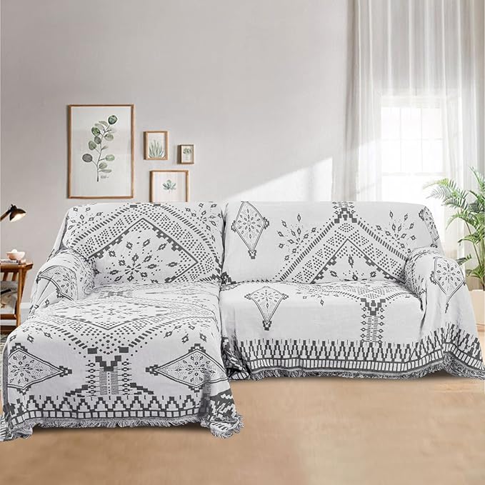 H.VERSAILTEX Reversible Sofa Cover Couch Cover for Dog Sofa Slipcover for Most Shape Sofa Furniture Protector with Tassels Sectional Couch Cover (Medium: 71" x 91", Dark Grey/White)