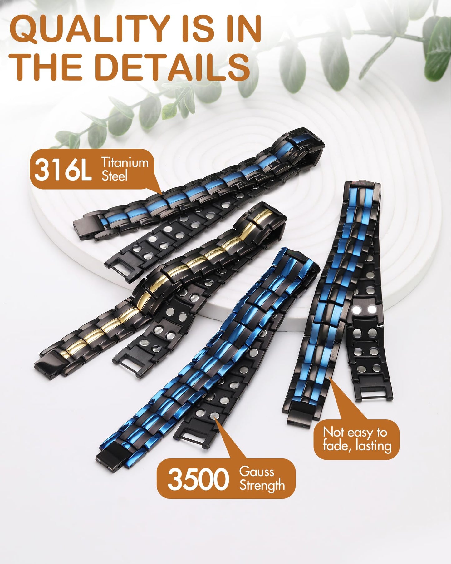 Feraco Magnetic Bracelet for Men Titanium Steel Bracelets with Double Row Magnets Adjustable (Black & Blue)