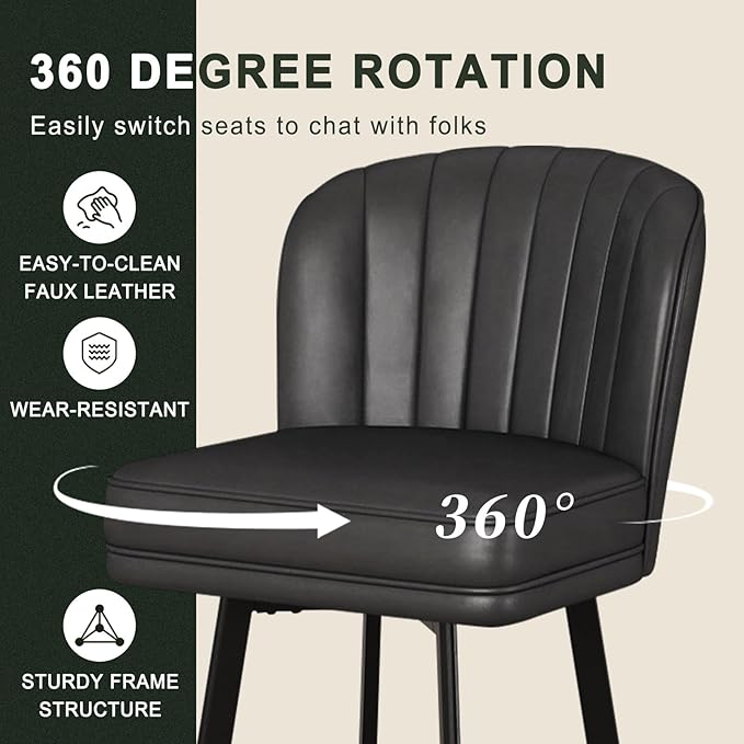 Swivel Counter Height Bar Stools Set of 4, 30'' Modern Barstools with Backs and Metal Legs, Upholstered Bar Chairs, Faux Leather Black Stools for Kitchen Island Chairs
