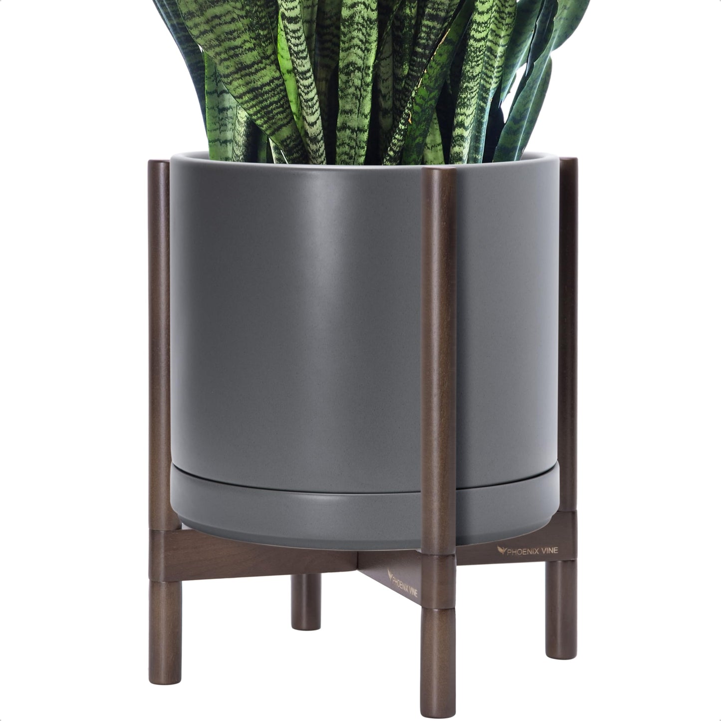 D'vine Dev Ceramic Planter with Walnut Color Stand - 14 Inch Modern Round Flower Pot with Wood Planter Holder, Grey, 55-B-T-3