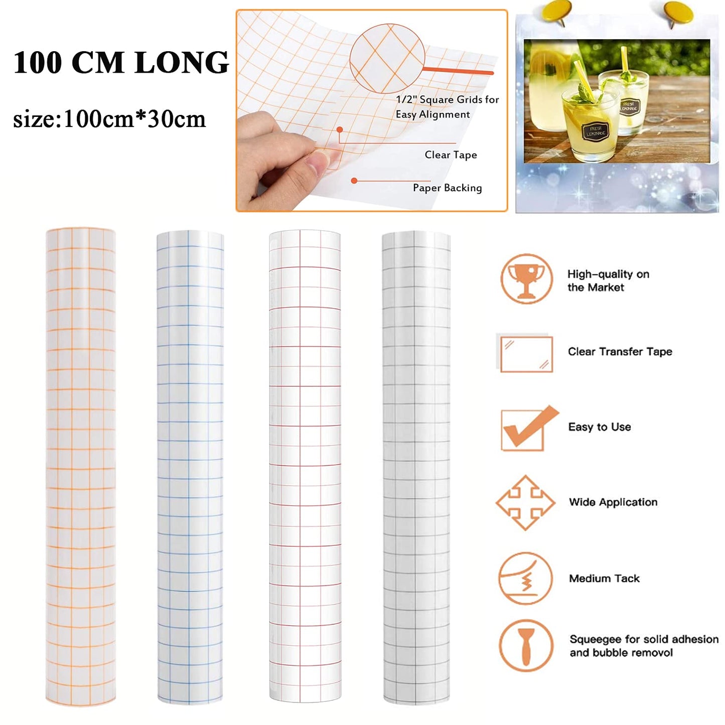 Transfer Tape for Vinyl, 12" x 40" Clear Transfer Paper w/3 Pack Teflon Sheets, 2 Roll Heat Resistant Tape & Scissor, Blue Alignment Grid for Silhouette Cameo,Cricut Vinyl for Decals,Signs,Windows
