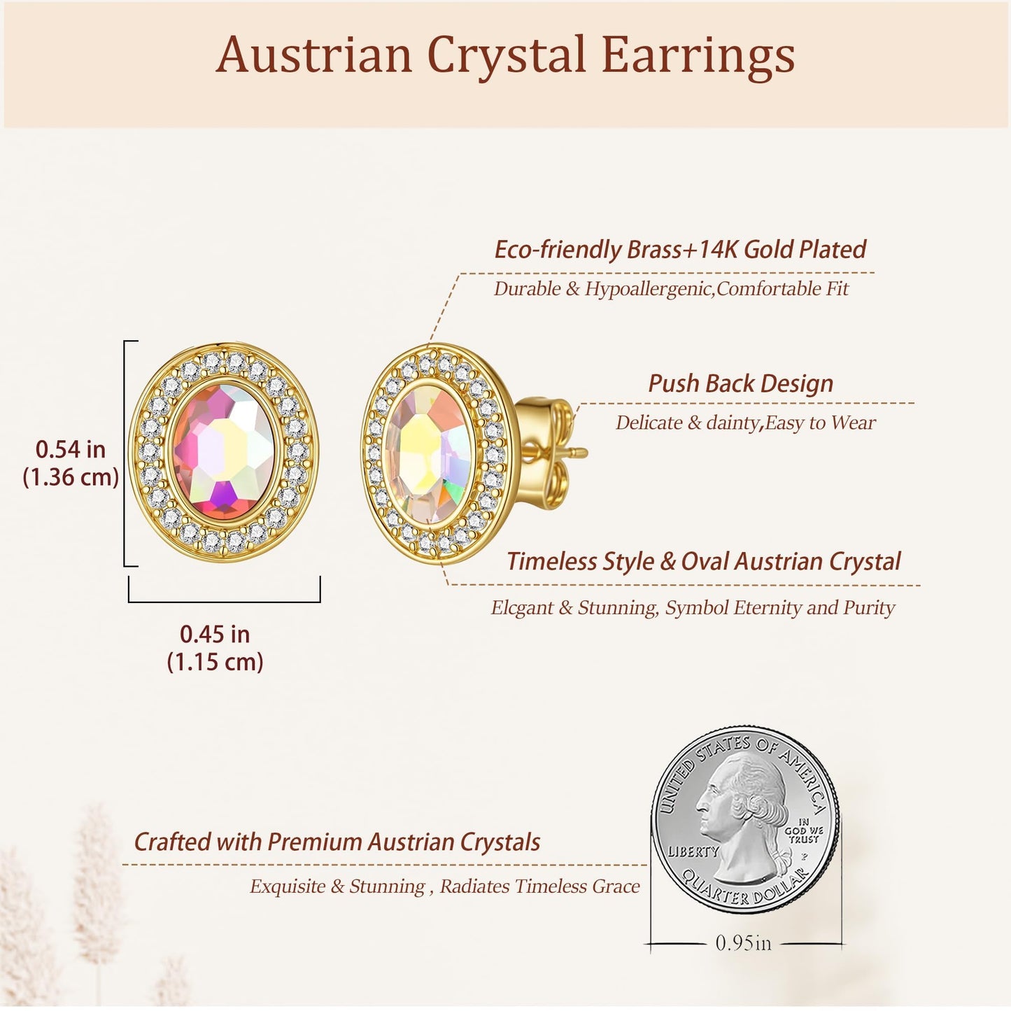 EVEVIC Austrian Crystal Halo Oval Stud Earrings for Women Trendy,14k Gold Plated Hypoallergenic Earring Jewelry Gift (Aurora Borealis)