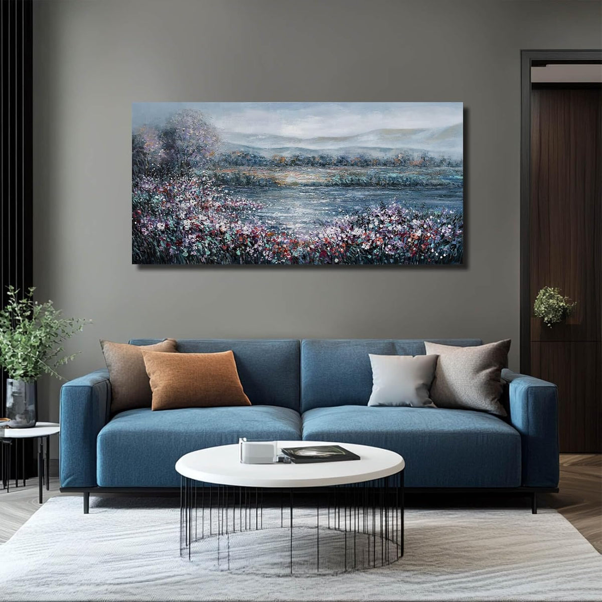 CHUDANHAO Abstract Wall Art for Bedroom White Wall Decor Purple Flower Artwork Landscape Wall Paintings 24"x48" Navy Blue Pictures for Walls
