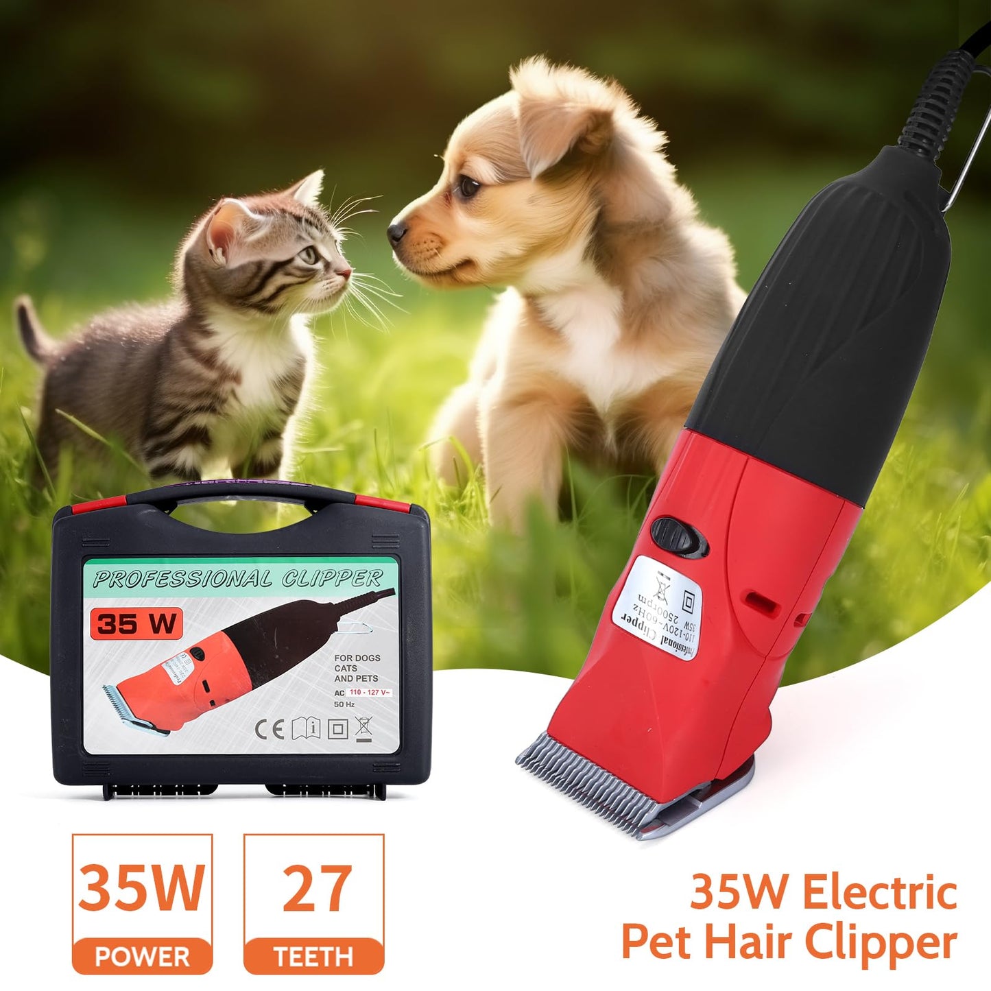 DUCKBOY 35W Pet Hair Clipper & Grooming Kit for Dogs and Cats – Includes 4 Interchangeable Blades & 3m Power Cable – Professional Trimmer for Small to Large Pets