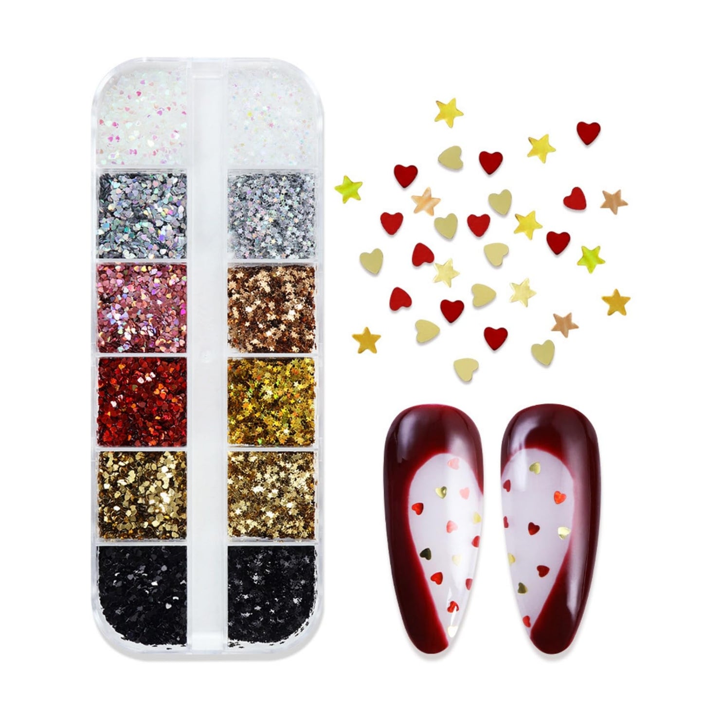 12 Boxes Valentines Laser Heart Nail Art Glitters Heart Star Nail Sequins Set, Valentines Romantic Love Nail Decor Accessories Mini 3D Love Nail Decals Holographic Glitters for Women Manicure