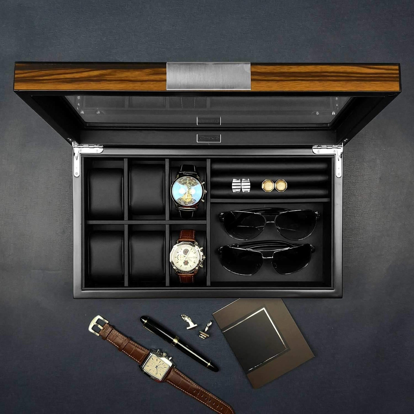 Lifomenz Co Men's 6 Slot Watch Box, 8 Pair Cufflinks & Sunglasses Display Case, Brown PU Leather & Glass Top