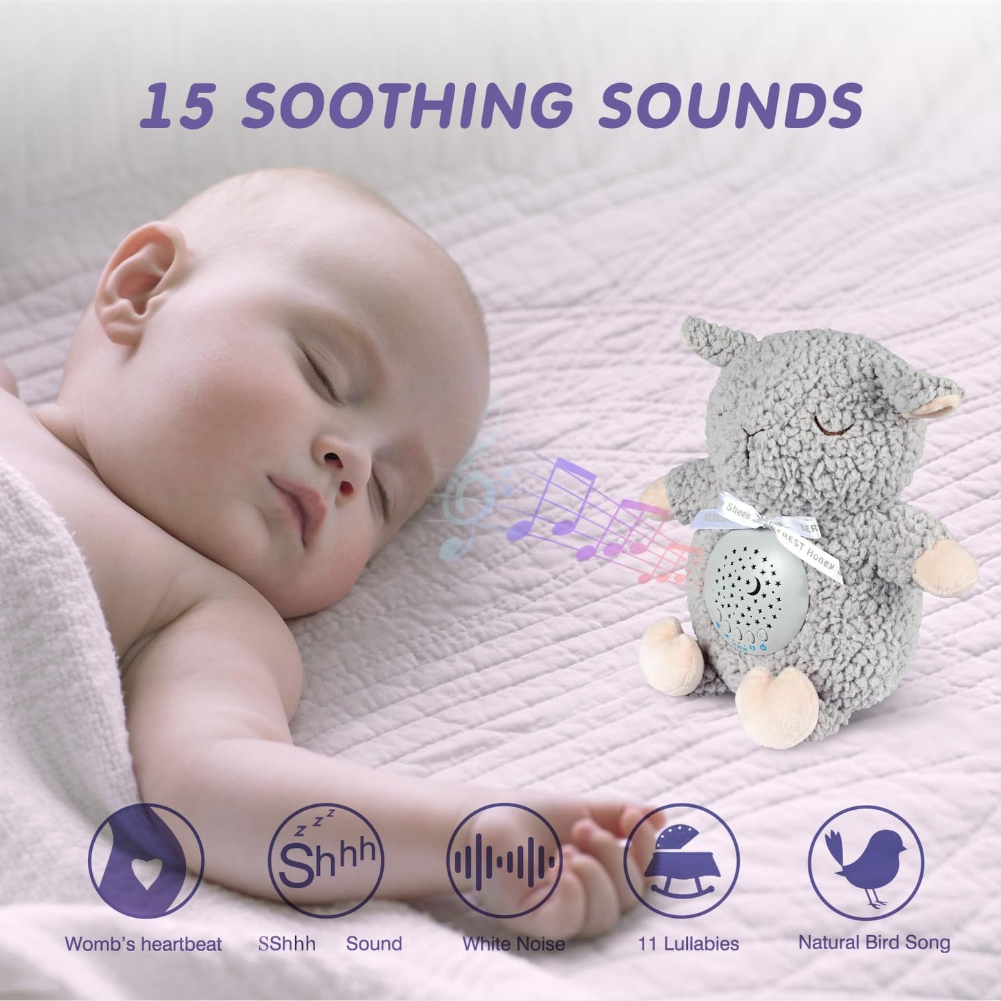 BEREST Baby Sleep Soother with Projector Night Light & Auto-Off Timer, Musical Sheep Plush Toy with White Noise, Heartbeat, Shushing, Lullabies for Newborns, Infants Shower Gift