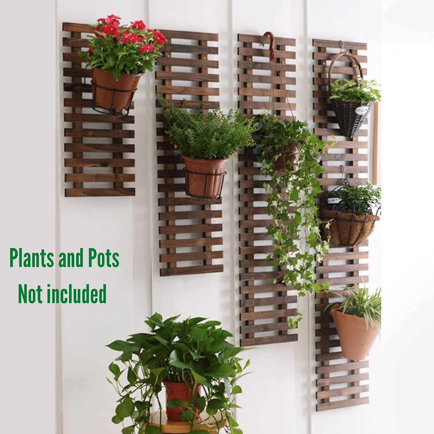 ShopLaLa Bundle- 5 Pack Set Wooden Plant Holder + 10 Pack, 5 Inch White Self Watering Plastic Pots Trendy Live Hanging Wall Mounted Indoor Vertical Hydroponic Garden System Large Rustic Shelves Frame