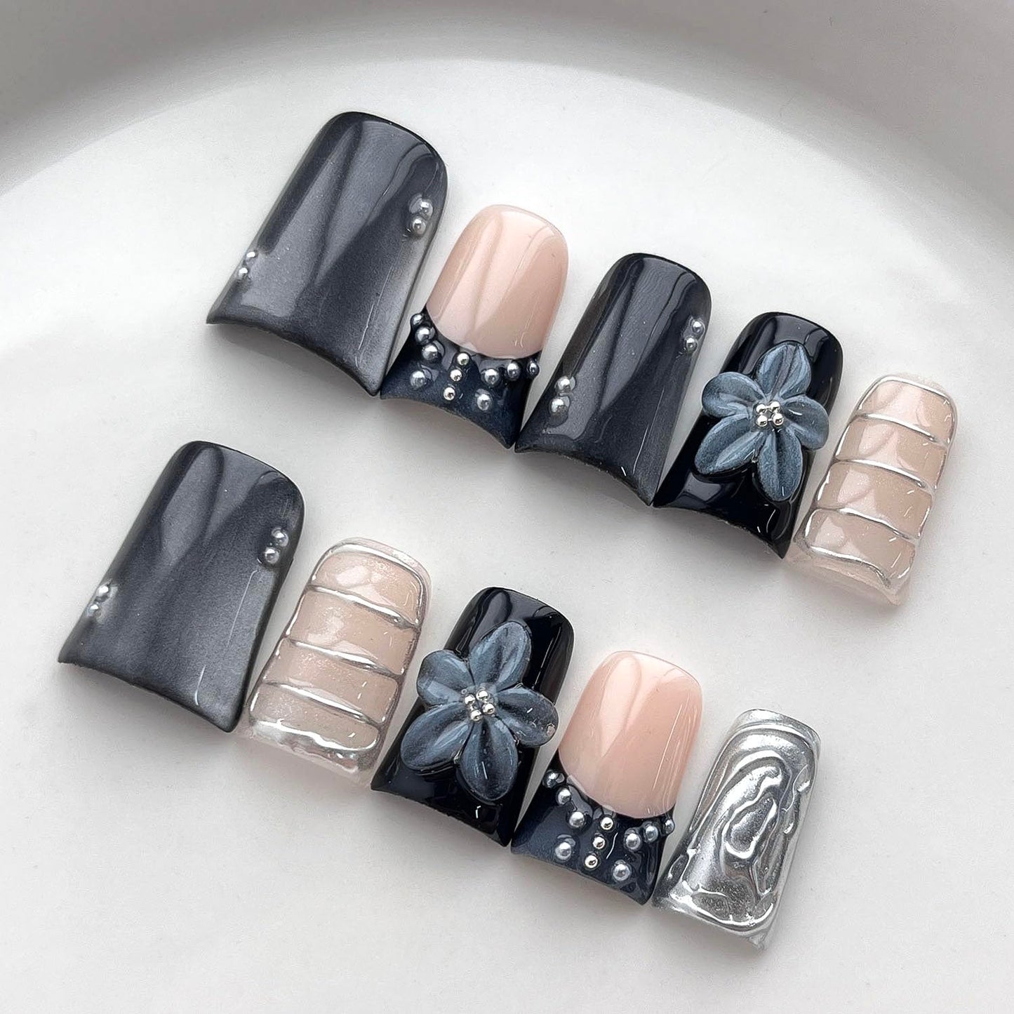 French Tip Press on Nails Handmade Short Duck 3D Flower Thick Acrylic Nails Black Sparkly False Nails with Pearls Silver Chrome Powder Designs Glossy Fake Nail Sturdy Art Press on Nail 10Pcs(S)