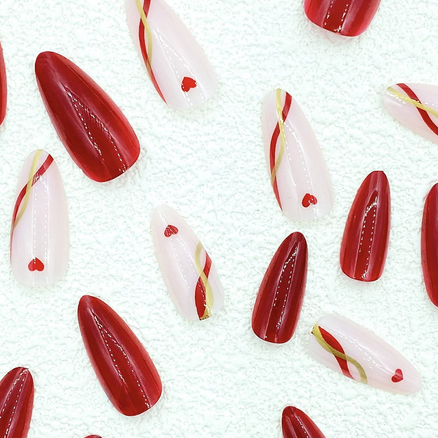 MISUD Press on Nails - Medium Almond Fake Nails with Red Heart, Acrylic Gold Line Design 24 pcs