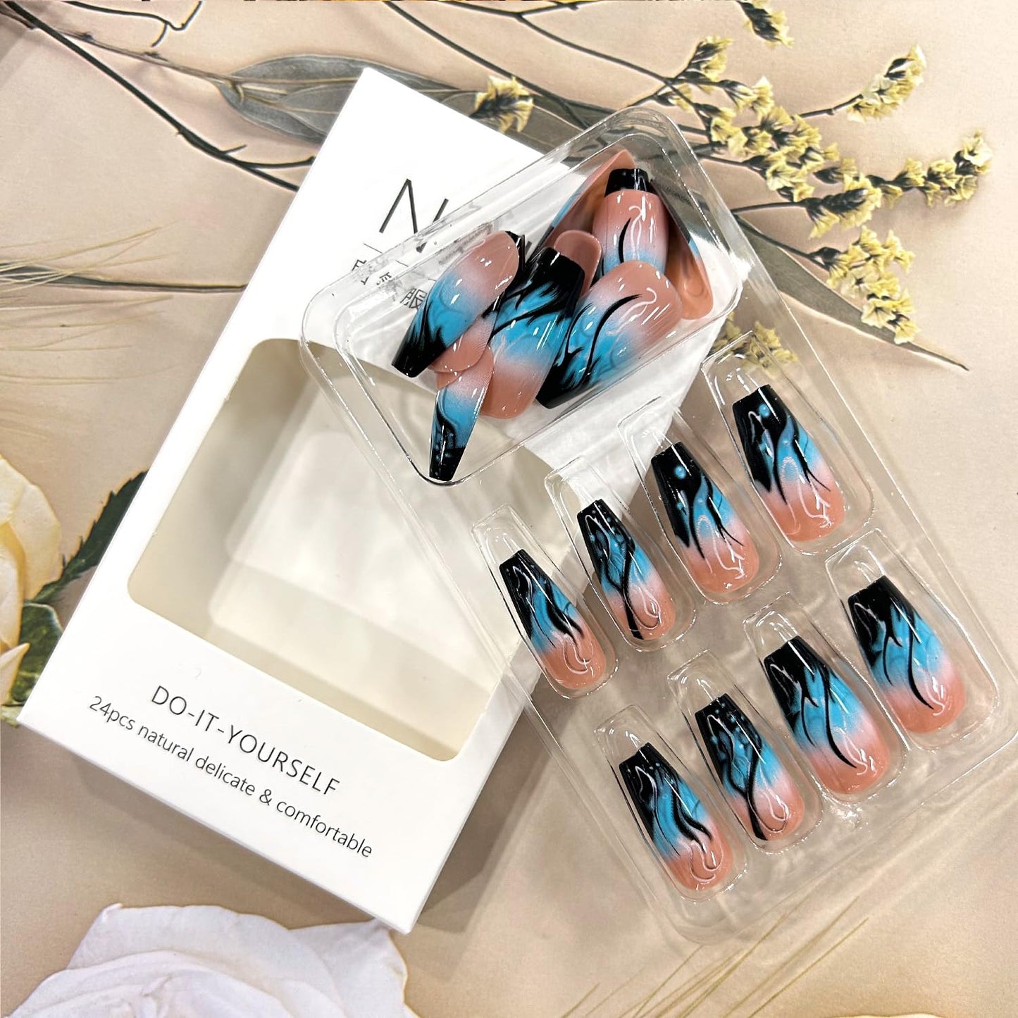 TBRZTR Press on Nails Medium Length Ballet Shaped Fake Nails Blue Flame Pattern Design Gradient Artificial Coffin Nails Black French Stick on Nails Full Cover Acrylic Glossy Glue on Nails for Women