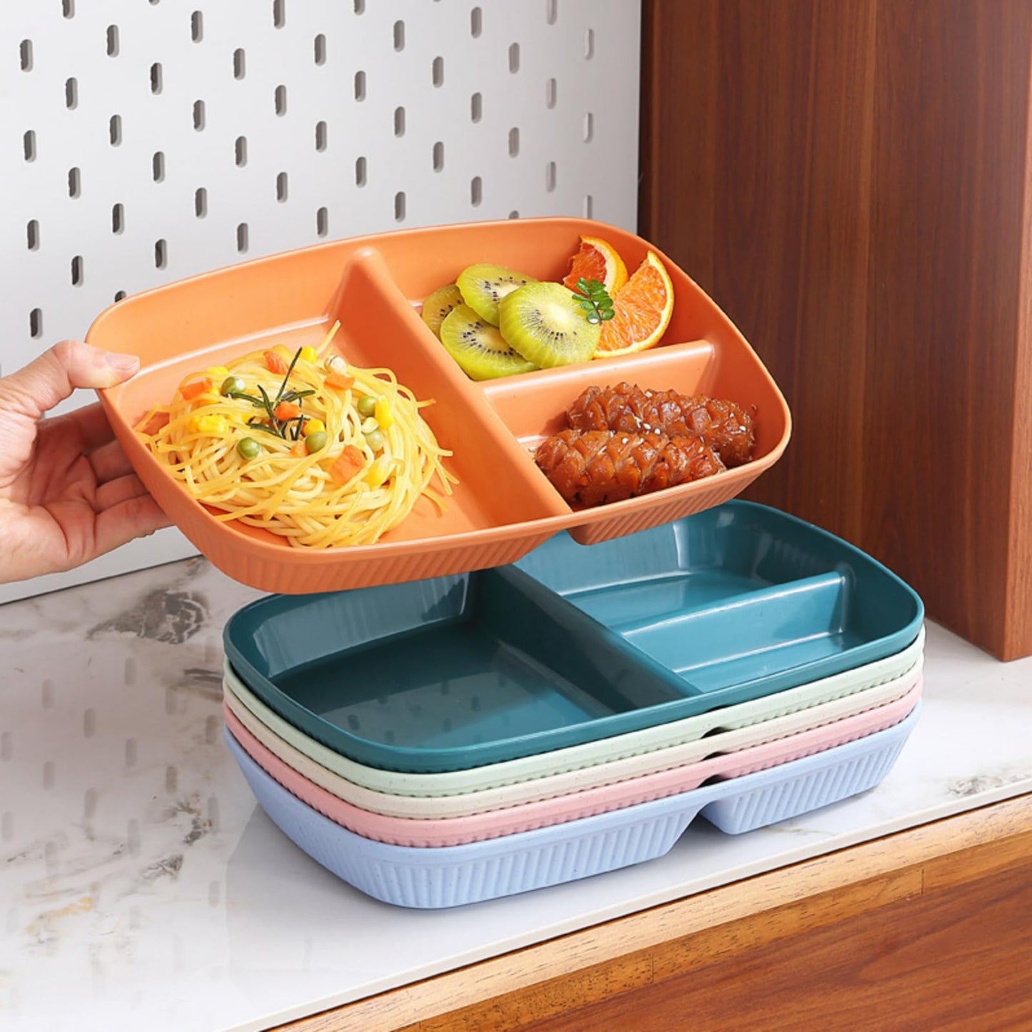 ZAVOOS 12 Pack Divided Plates, 10.5 Inch Reusable Wheat Straw Dinner Plates for Party, 3 Compartment Sectioned Unbreakable Food Tray for Balanced Meal, Portion Control, Microwave Dishwasher Safe
