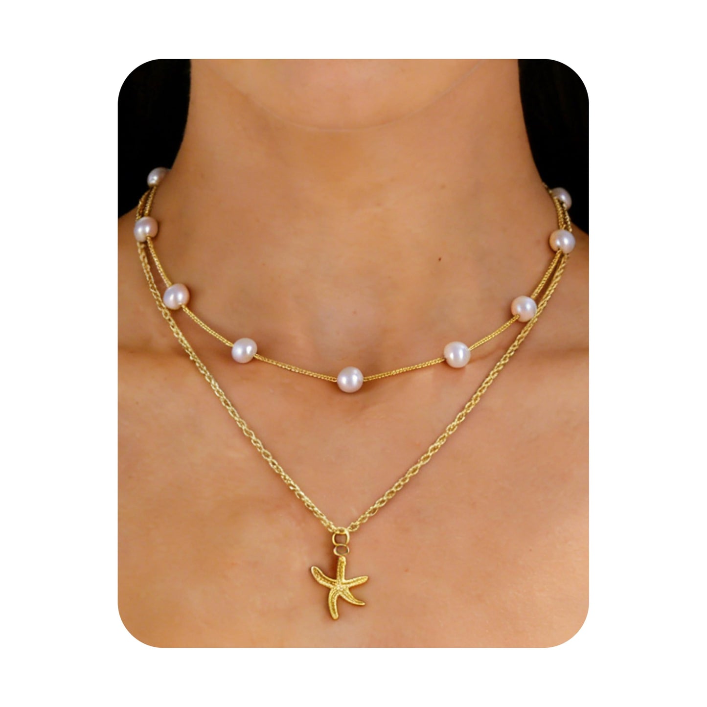 Beach Layered Starfish Necklace for Women, 14K Gold Plated Shell Conch Seashell & Pearl Charm Pendant, Dainty Coastal Summer Vacation Jewelry
