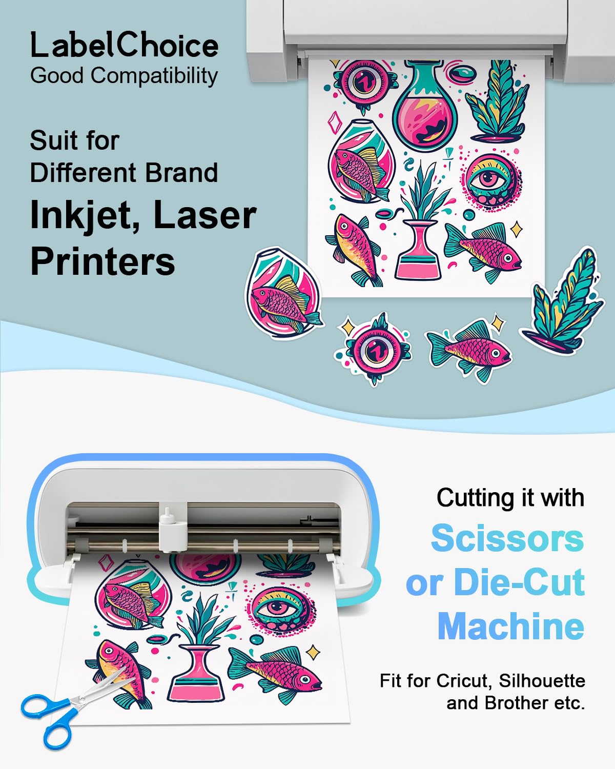 100 Sheets 8.5”x11” Printable Sticker Paper for Inkjet Laser Printer & Cricut Maker, Labelchoice Blank Matte White Self Adhesive Full Sheet Labels for Smart Cutting Machines,Whole Page Shipping Labels