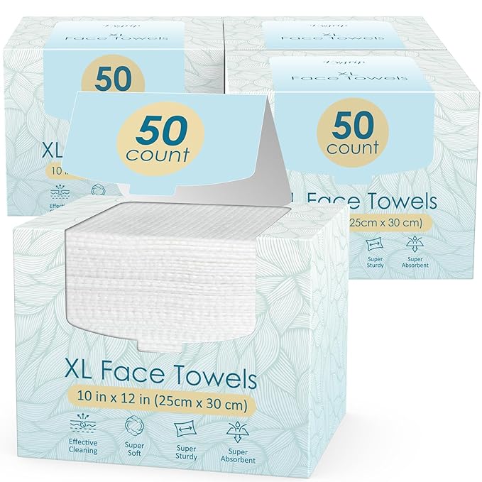 200 Count (4 Box) XL Disposable Face Towels 10” x 12”, 100% Viscose Fibre, Soft & Skin Friendly Face Towelettes Disposable, Facial Tissue Wipes for Women Cleansing
