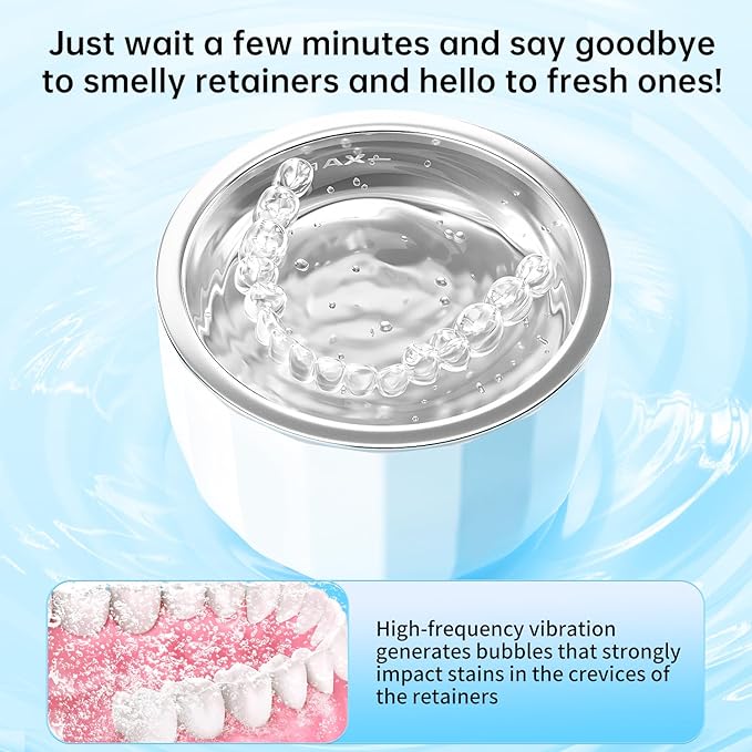Ultrasonic Retainer Cleaner Machine ，18W/50kHz Specifically Designed for Cleaning Retainers，80ML Portable Ultrasonic Pod Including 6 Free Retainer Cleaner Tablets for Deeper Cleaning（White，YKL ）