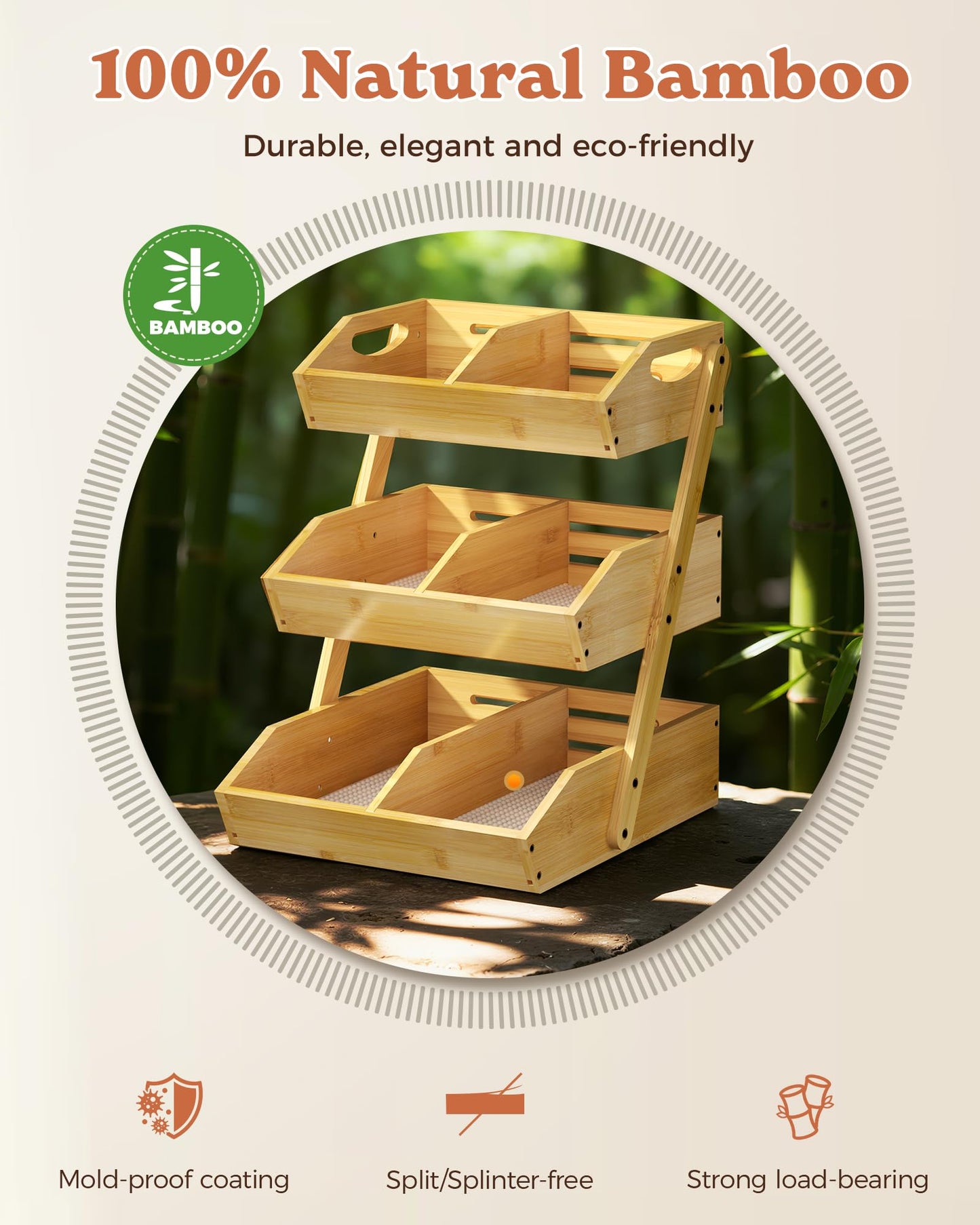 Sevenblue 3 Tier Large Bamboo Fruit Basket for Kitchen Counter with 2 Banana Holders, Kitchen Countertop Organizer with Protective Mats, Tiered Fruit Bowl for Bread Snack Veggies with Dividers