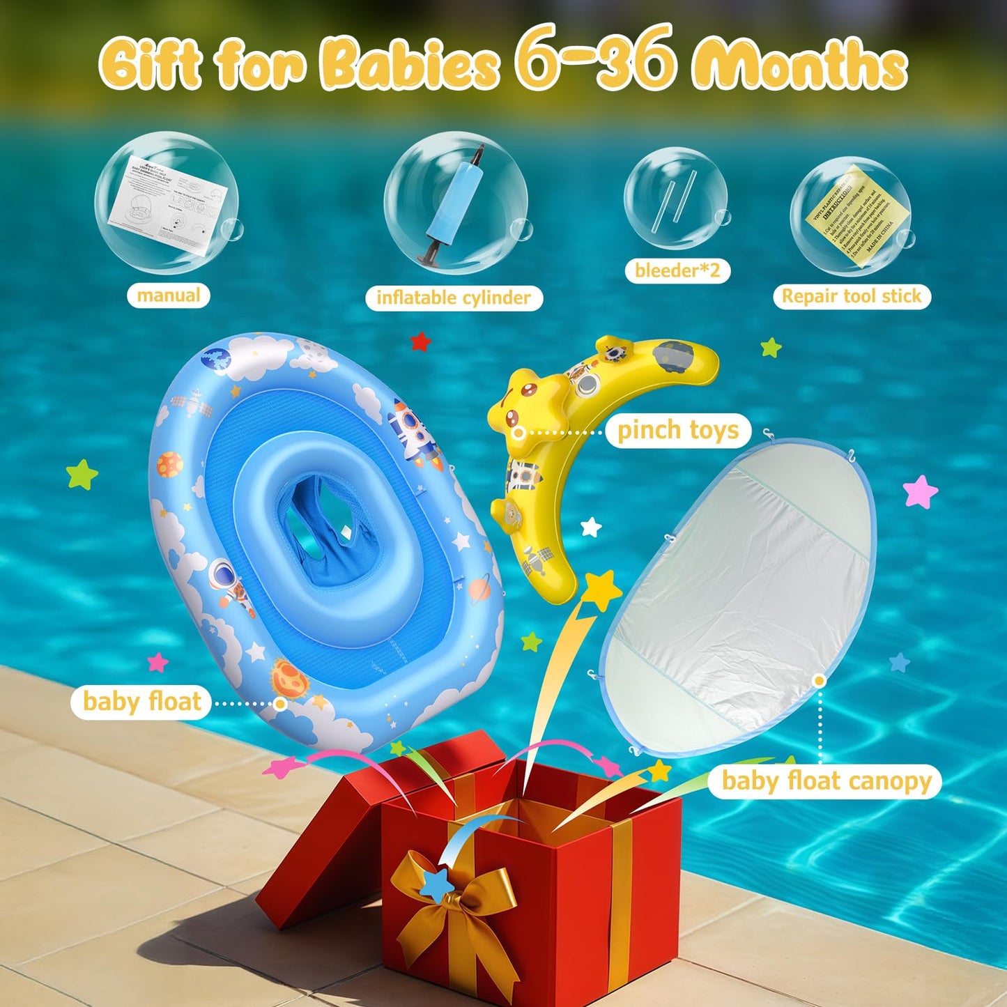 WayEee Baby Pool Float with UPF50+ Canopy - Inflatable Swim Float, Adjustable Safety Seat, Toy Play Console, Sun Protection for Baby 6-36 Months, Infant, Todder Summer Gift, Pool, Bathtub, Beach, Blue