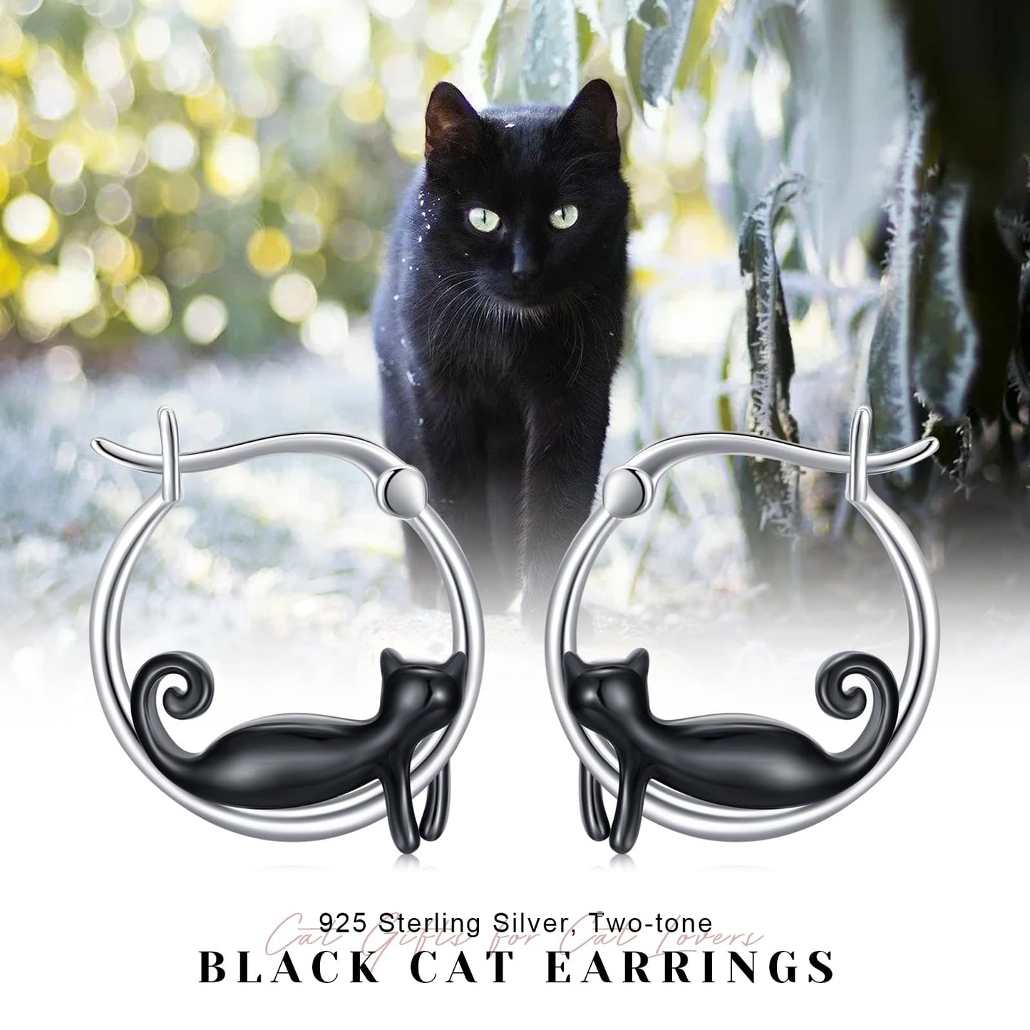 JUSTKIDSTOY Black Cat Earrings for Women 925 Sterling Silver 17mm Cute Hoop Earrings Halloween Jewelry Graduation Gifts for Daughter Her Cat Lovers