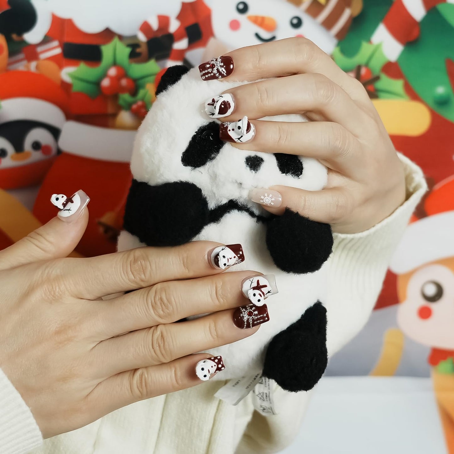 Tesytto Press on Nails Short Coffin - Red & White 3D Cute Cartoon Kawaii Character Fake Nails, Handmade Reusable Multi-Layer Gel False Nails (Squeeze Snowman, S)