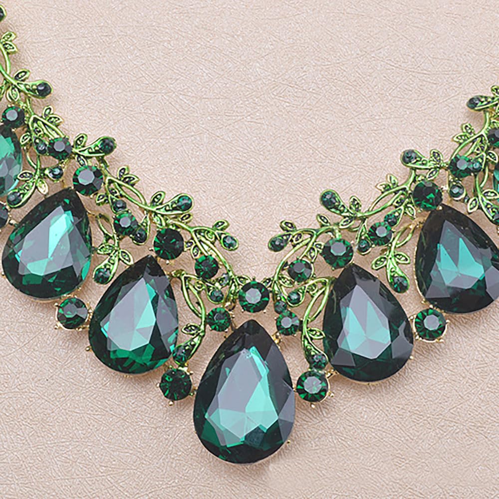 Qlavoca Vintage Crystal Teardrop Necklace Earrings Set - Gothic Statement Jewelry for Wedding Bridal Prom Party (Green-Gold Tone)