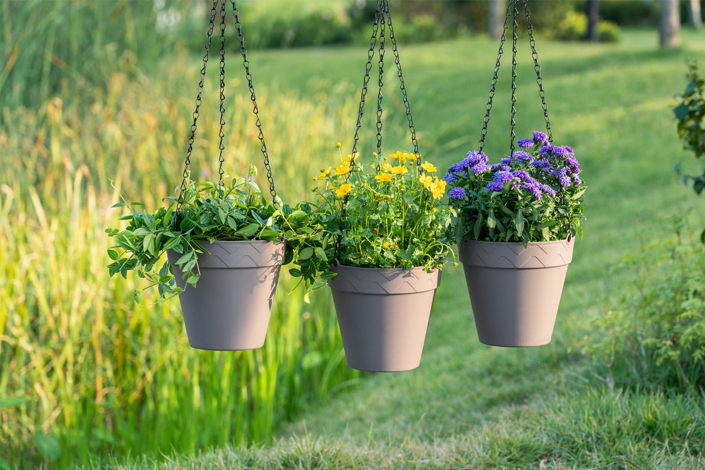 Melphoe Hanging Planter for Indoor Plants Self Watering, 8 Inch 3 Pack Plant Holder Hanging Flower Pots Outdoor Basket with Perforated Insert and Drainage Holes (Grey)