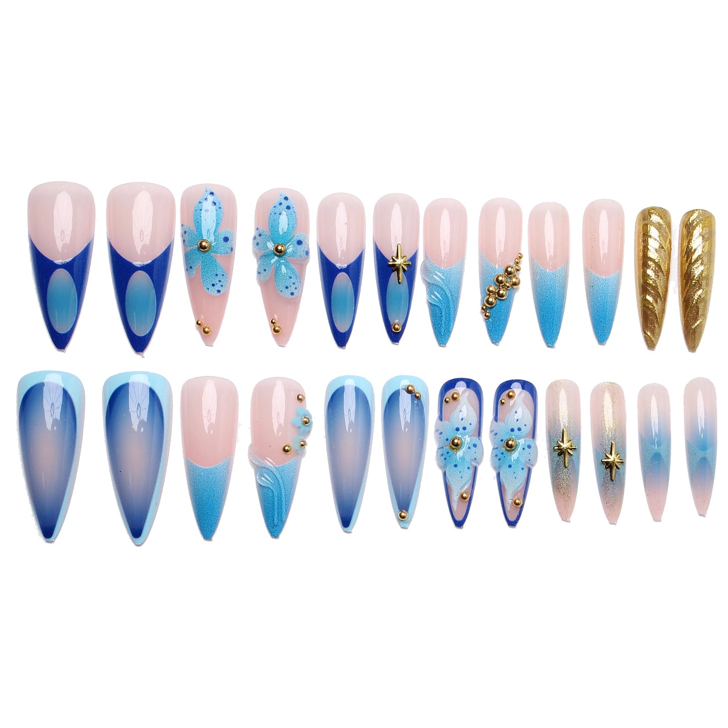 MERVF Long Stiletto Press on Nails Blue French Tip Fake Nail Flower Glue ons 3D Gold Pearls Design Almond Acrylic Summer Gradient Manicure Glossy 24pcs