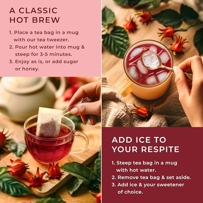 Gya Tea Co Hibiscus Herbal Tea Bags (100 Bags) - Caffeine Free with a Tangy Flavor for All Day Comfort, Calming, Relaxing & Nourishing - Fruit & Herbal Blends