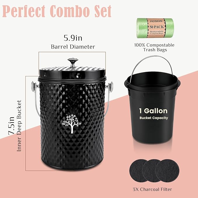 AOSION Countertop Compost Bin Kitchen，Odorless Indoor Compost Bin with Lid and Compost Bags,Compost Bucket Composter Container for Food Waste,Black