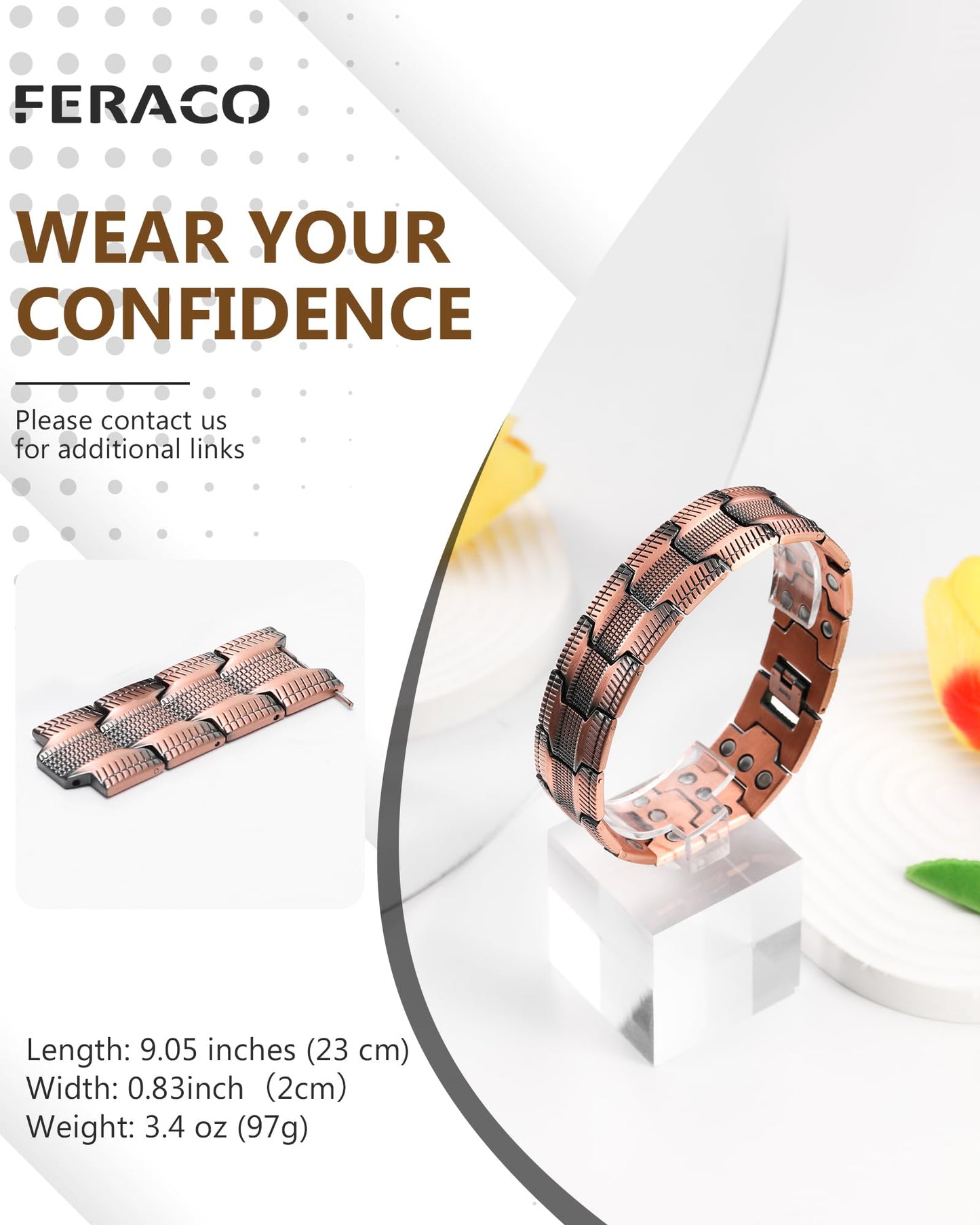 Feraco Copper Bracelet for Men, 3X Strength Magnetic Therapy Cooper Bracelet with Powerful 3800 Gauss Magnets,Copper Jewelry with Tyre-Carved Pattern